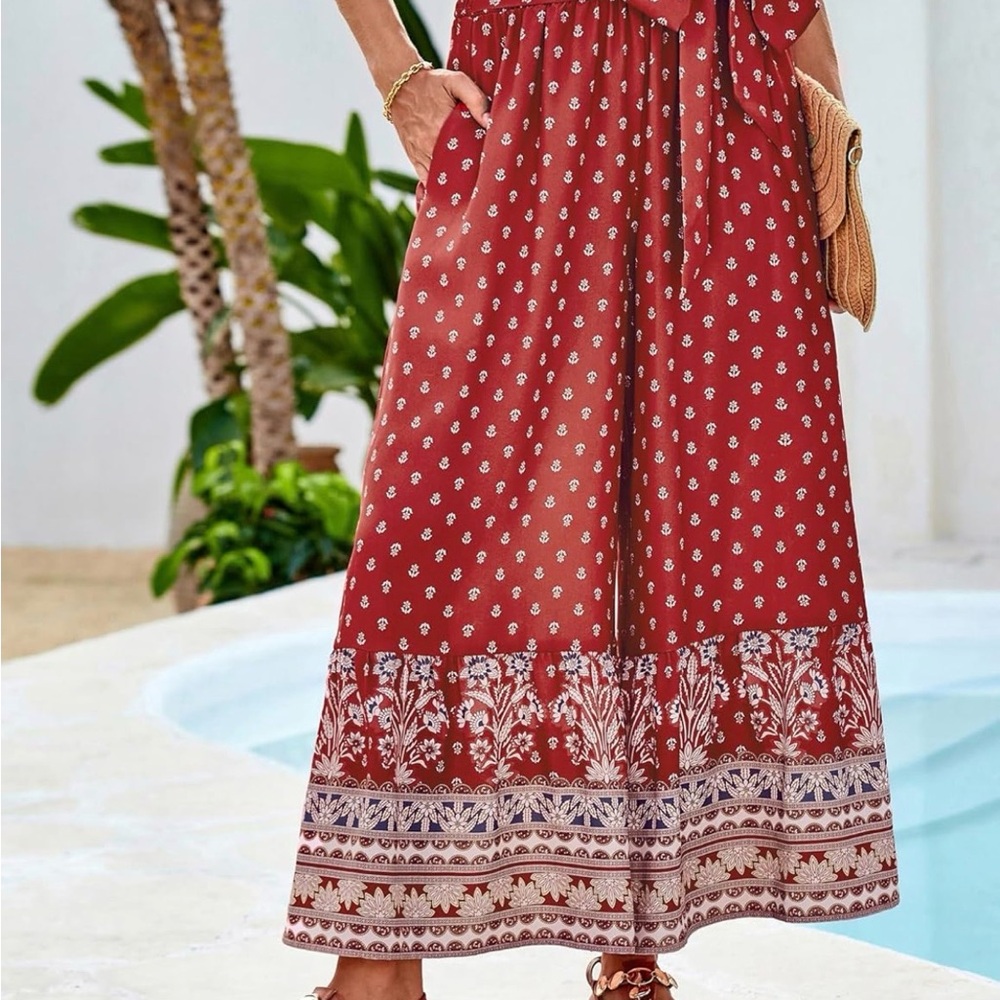 Grace Karin Boho Red Palazzo Pants NWT L High Waist Tie Wide Leg Pockets Resort